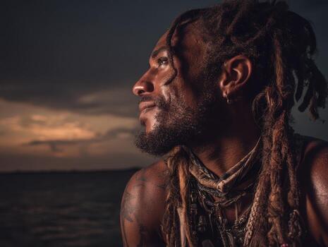 Profile of a person with dreadlocks gazing towards a moody sky at sunset, wearing layered necklaces and ear piercings, illuminated by warm, soft light, creating a thoughtful atmosphere photo