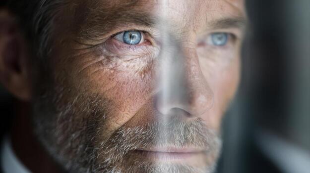 Mature man with blue eyes and gray beard gazes thoughtfully through a reflective surface. Wrinkles and facial features are highlighted, conveying experience and contemplation photo