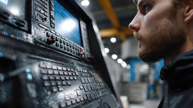 Focused worker operates complex industrial control panel. Close-up of bearded individual's profile on right, facing intricate machine interface with numerous buttons and digital screens photo