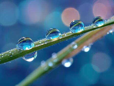 Droplets delicately balance on green grass blades, refracting light against a blurred blue and orange bokeh background, creating a stunning macro nature scene full of vibrant colors photo