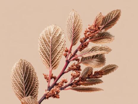 Detailed close up of a branch with veined leaves and buds, featuring intricate textures and brownish orange hues. The composition highlights natures delicate patterns and colors photo