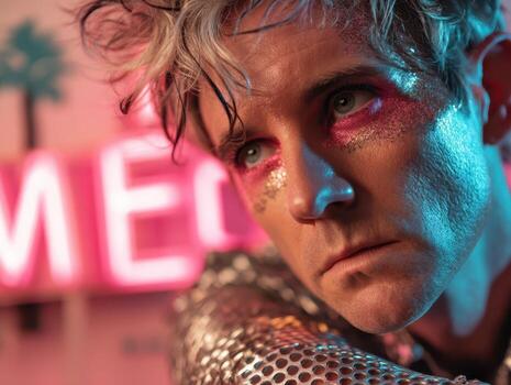 Portrait of a person with glitter around their eyes, intense gaze, and messy hair, dressed in shiny mesh. photo