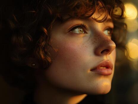 A young person with curly hair looks into the distance, bathed in warm, golden light. The soft focus and bokeh effect create a dreamy, contemplative atmosphere with a serene expression photo