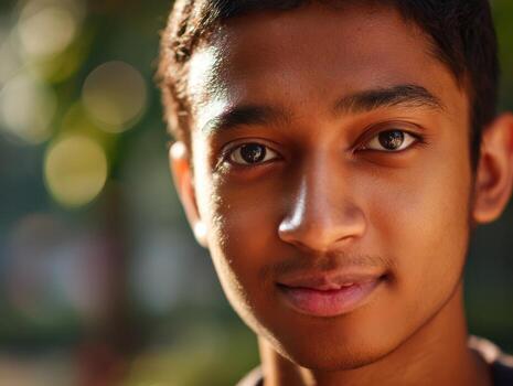 Young person with a gentle smile, direct gaze, and short hair. Soft sunlight creates a bokeh effect in the blurred background, giving an overall warm and inviting atmosphere photo