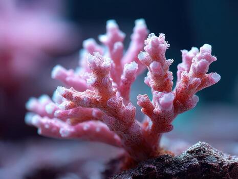 Vibrant pink coral with intricate branching patterns, reaching upwards from a textured rock surface. The coral's delicate structures are sharply focused, highlighting its natural beauty photo