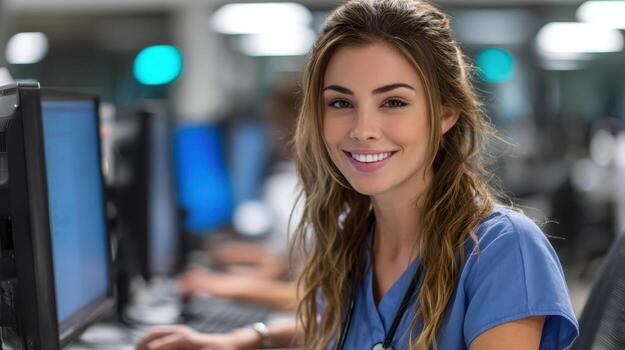 Smiling healthcare professional in a blue uniform seated at a desk with a computer, indoors. The setting is bright with blurred background elements suggesting a busy environment photo