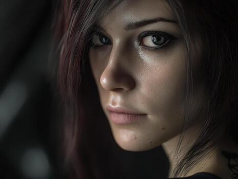 Intense close-up portrait of a young woman with striking eyes, sharp eyeliner, and dark hair. Her gaze is fixed and serious, with subtle play of shadows enhancing her features photo