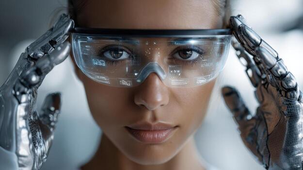 Woman wearing futuristic transparent glasses with digital overlays, holding them with metallic robotic hands. Her gaze is focused and intense, creating a high-tech sci-fi ambiance photo