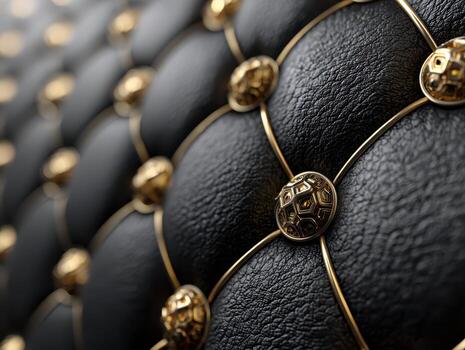 Luxurious black quilted surface with intricate gold buttons arranged in a diamond pattern, showcasing a sense of elegance and sophistication, with a soft focus on the foreground photo