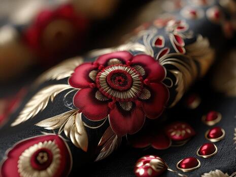 Intricate fabric design featuring red and gold embroidered flowers with detailed stitching on a dark background, showcasing elegant, ornate patterns and luxurious texture in fine detail photo