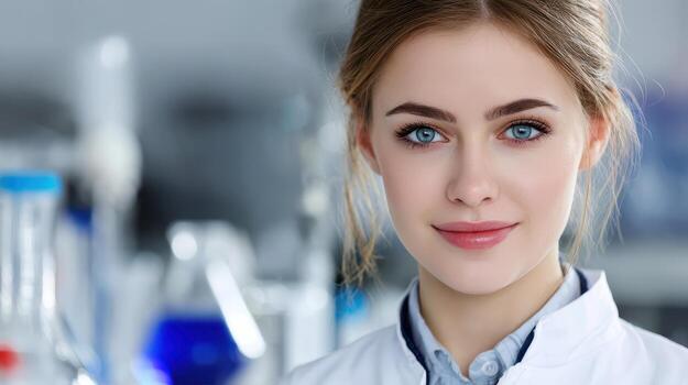Smiling young scientist in white lab coat with bright blue eyes, standing in laboratory with blurred scientific equipment in the background, appears confident and focused photo