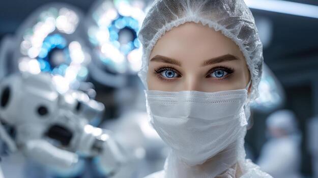 A healthcare professional in protective gear, including a mask and cap, focuses intently. Robotic arms and bright surgical lights blur in the background, enhancing the medical setting photo