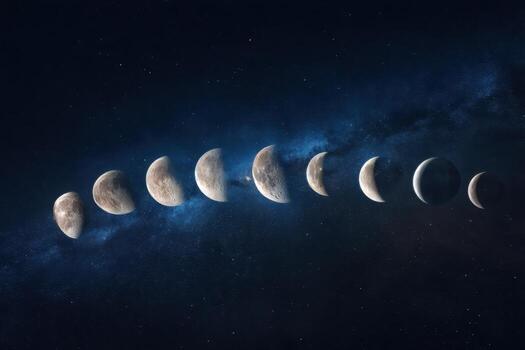 Eight phases of a celestial body arranged in a line against a starry backdrop, transitioning from illuminated to shadowed, demonstrating an astronomical cycle in outer space photo
