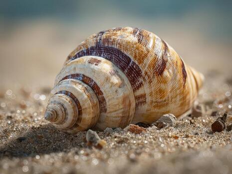 A close-up of a spiral seashell resting on sandy beach, detailed with brown, white patterns, surrounded by tiny grains and small pebbles in soft focus, capturing natural textures vividly photo