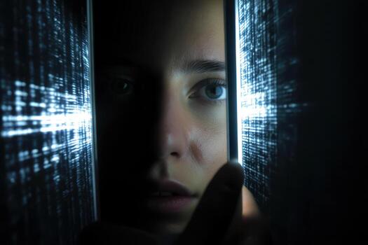 A person looks through a narrow gap, illuminated by bright light, casting dramatic shadows. The expression suggests curiosity or contemplation. The scene is dark, with focus on the face photo