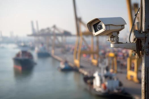 A white security camera overlooking a busy industrial harbor with multiple cranes and ships. The background is slightly blurred, highlighting the camera in focus in the foreground photo