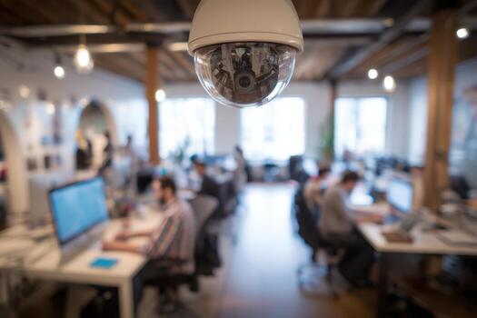 Security camera with reflective lens hangs in office interior, capturing people working at desks with computers. The scene is vibrant with natural light and wooden beams photo