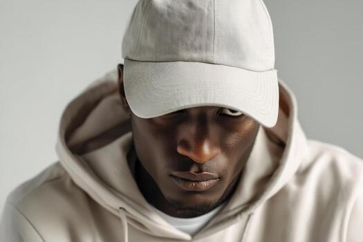Serious individual wearing a light-colored cap and hoodie, casting a shadow over their eyes. The expression is focused, and the attire is casual and neutral in color photo