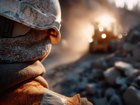 Worker wearing a helmet and jacket stands on a rocky path, observing a blurred heavy machinery vehicle emitting bright lights in the distance. Dust fills the air, creating a hazy effect photo