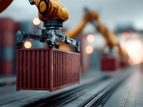 Robotic arm lifting a red container on an industrial site, blurred background with bokeh lights. Focuses on automation and technology in logistics, emphasizing precision machinery photo
