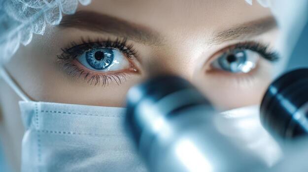 A close-up of eyes behind a surgical mask and protective cap focuses through a microscope, capturing the details of eyelashes and skin texture, conveying concentration and precision photo