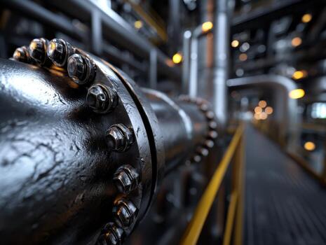 Close-up of an industrial pipeline with bolts, featuring a perspective view leading into a complex network in a factory setting metallic and mechanical atmosphere with blurred background photo