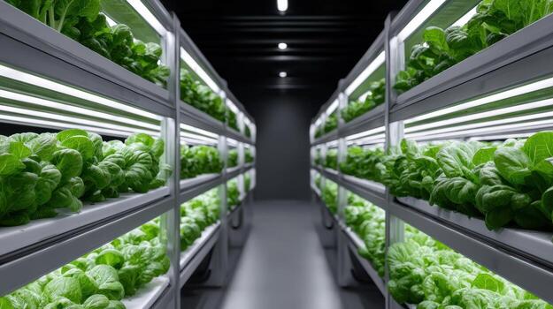 Lush green plants on multiple rows of indoor vertical farm shelves under bright artificial LED lights in a controlled environment. The walls and ceiling are dark, making the plants stand out photo