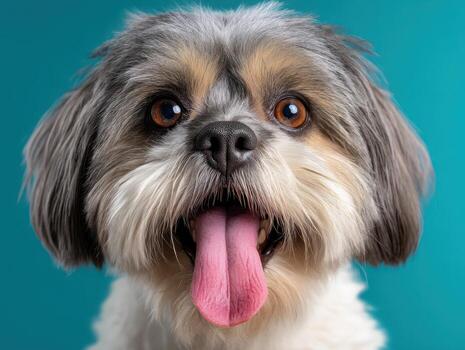 Cute dog with fluffy gray and white fur and brown eyes, sticking out pink tongue, looking directly at the camera with an expressive face. Long ears frame its round face photo