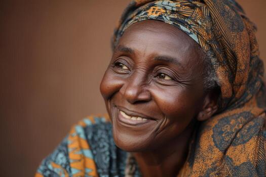 Smiling elderly woman wearing a patterned headscarf and matching attire, displaying joyful expression with gentle wrinkles highlighting her features, soft lighting enhances warm ambiance photo