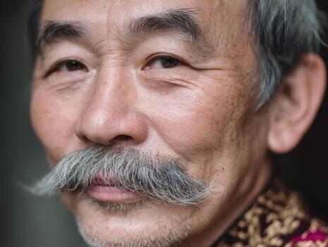 A man with a gray mustache and short hair is gazing at the camera. His face shows wisdom through wrinkles and expression. His patterned garment features ornate golden details photo