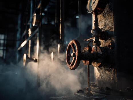 Rusty industrial valve with round wheel handle, steaming pipes, and pressure gauge in dimly lit factory setting. Atmospheric lighting highlights metal textures and steam clouds photo