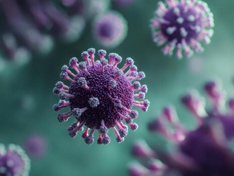 Purplish microscopic virus structure with spikes, displaying intricate detail on surface, surrounded by a blurry background. Several other similar structures visible in the distance photo
