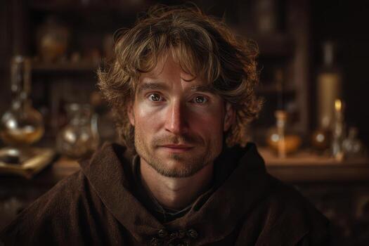 hombre con ondulado pelo y barba vistiendo marrón medieval túnica. él es frente a el cámara con un grave expresión en un habitación con estantería participación vaso contenedores y otro artículos foto