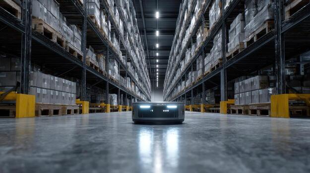 Autonomous robot in a large warehouse with tall shelves filled with boxes. The robot has two lights on its front, and the aisle is illuminated by overhead lights photo