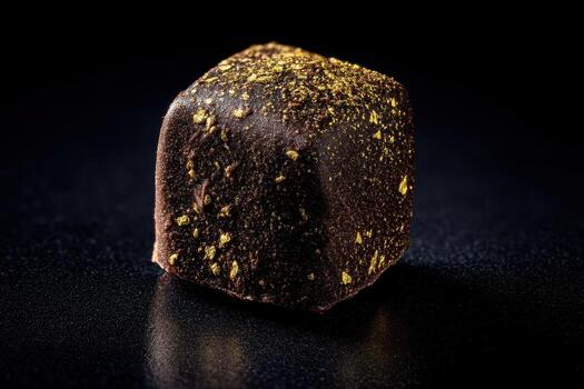 A single cube-shaped chocolate confection, coated with a dark, glossy texture and sprinkled with fine gold flakes, sits elegantly and enticingly against a dark surface photo