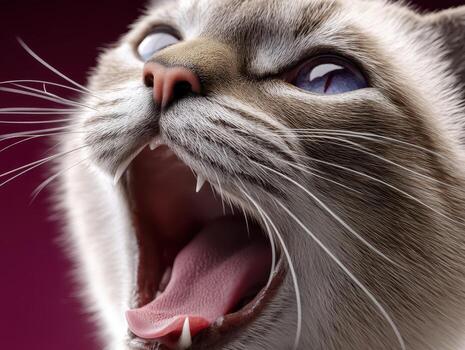Close-up of a yawning cat with its mouth open, showing sharp teeth and pink tongue. The fur is smooth and the whiskers are prominently curved. The cat's eyes are half-closed photo