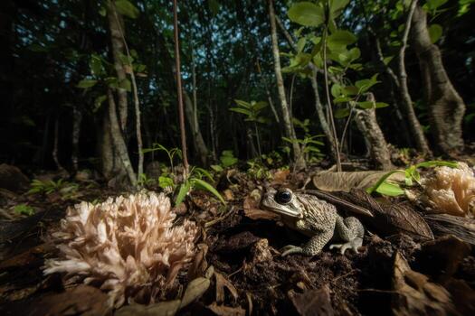 Frog sitting on forest floor, surrounded by dried leaves and mushrooms. The background has tall trees with green leaves, creating a lush and natural atmosphere. Low angle view photo