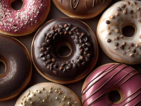 un variedad de vistoso rosquillas coronado con diferente asperja y lloviznas son arreglado en un de cerca vista. cada rosquilla tiene un único Adición, incluso chocolate papas fritas y oro piezas foto