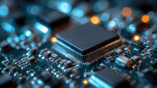 Close-up of a microchip on a circuit board with intricate details and glowing blue and orange lights, emphasizing technology and electronics. No text is visible in the image photo