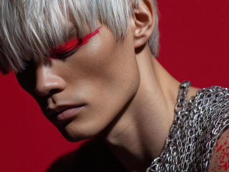 White-haired individual with closed eyes and bold red eye makeup, wearing a chain-like accessory. The lighting accentuates facial contours, with shadows adding depth to the dramatic scene photo