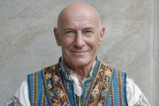 Bald older man smiling, wearing a richly decorated traditional outfit with blue and gold patterns, standing against a plain light-toned backdrop. His expression is relaxed and friendly photo