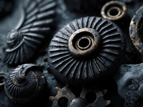 A collection of intricately detailed metal gears with a steampunk aesthetic, featuring various sizes and designs, including spirals and cogwheels, set against a blurred background photo
