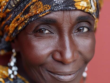 Woman with vibrant patterned headscarf and earrings smiles softly, displaying her smooth, rich skin and wise eyes. The close-up captures her gentle expression and textured features photo