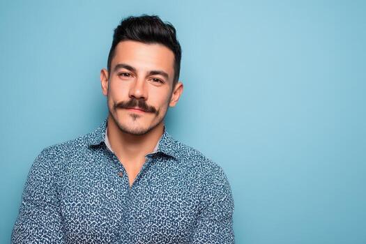Man with a neatly styled mustache and short black hair, wearing a patterned shirt, smiles confidently against a plain backdrop, exuding a sense of style and charisma photo