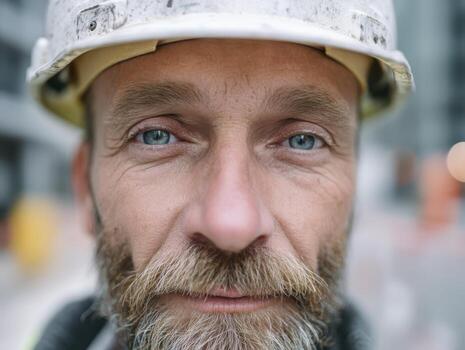 A close-up of a man with blue eyes, wearing a white hard hat, and sporting a beard. The background is softly blurred, hinting at a construction setting, highlighting facial details photo
