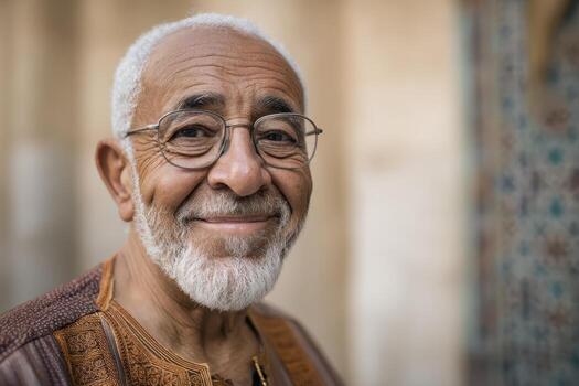 Smiling elderly man with glasses and white beard wearing traditional patterned attire, looking into the camera with warmth and joy, standing in front of an out-of-focus background photo