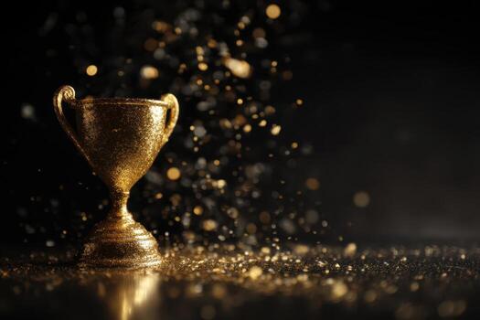 Golden trophy gleaming with sparkling particles on a dark background, symbolizing achievement and success. The shimmering light adds a magical and celebratory ambiance photo