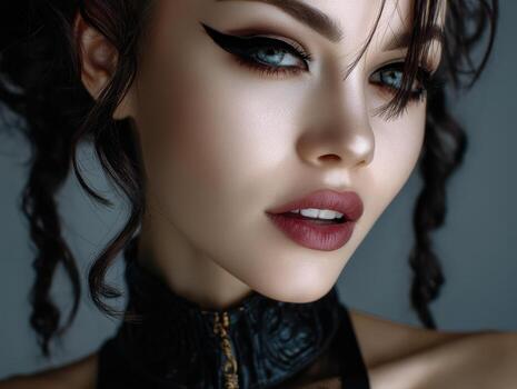 Mysterious woman with bold eyeliner and dark lipstick. Her hair is styled in loose curls, and she wears a high-collared black garment with intricate patterns, creating a striking look photo