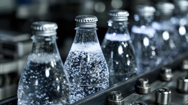 Six clear bottles filled with sparkling water and capped with silver lids are neatly aligned on an industrial conveyor, surrounded by a mechanical assembly in a factory setting photo