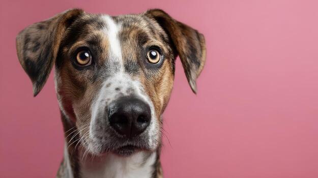 A dog with a multicolored coat, including brown, black, and white, looks attentively toward the camera. Its eyes are wide open, with a curious and expressive gaze photo